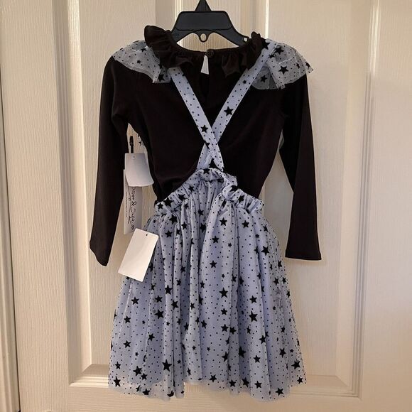Pippa & Julie Blue Flocked Black Stars Mesh Jumper Dress 2-Pc Girls Size 4 NWT - Picture 9 of 12